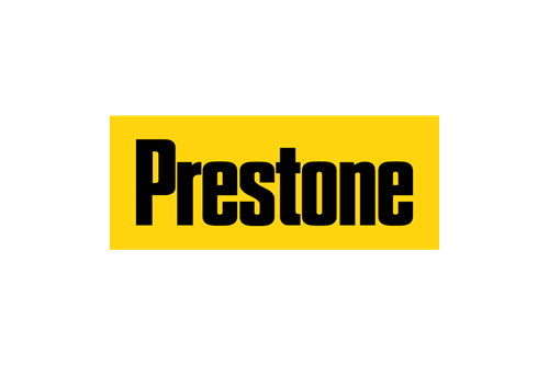 Prestone logo, Black letters on a bright gold background.