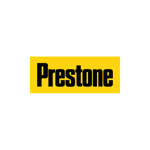 Prestone logo, Black letters on a bright gold background.