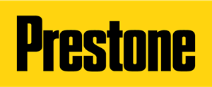 Prestone logo, Black letters on a bright gold background.