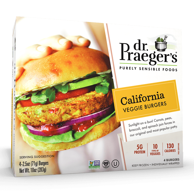 The Dr. Praeger's California Veggie Burgers packaging.