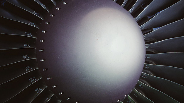 Close up of a jet engine fan.