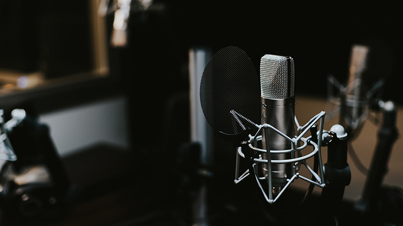 Close up of a microphone in a sound studio.