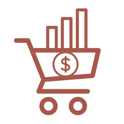 A copper line graphic depicting a grocery cart with a dollar sign.