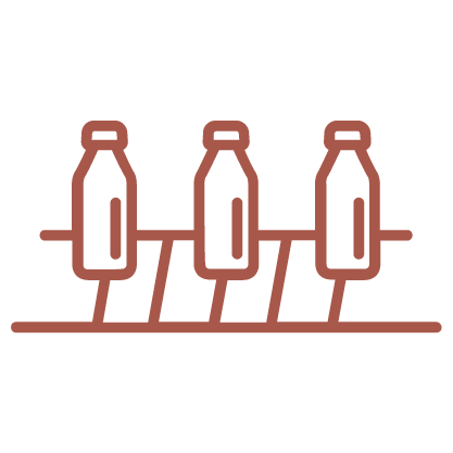 A copper line graphic depicting bottles on a conveyer belt.