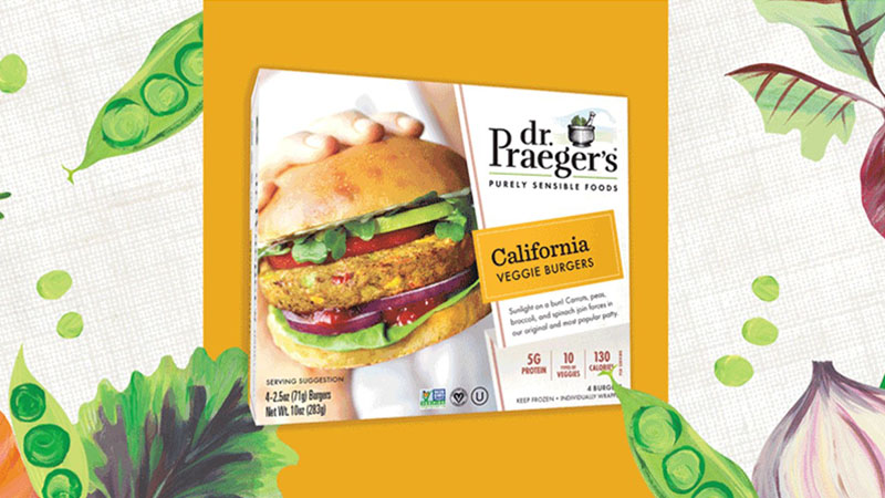 A digital collage of hand painted vegetables and a package of Dr. Praeger's California veggie burgers.
