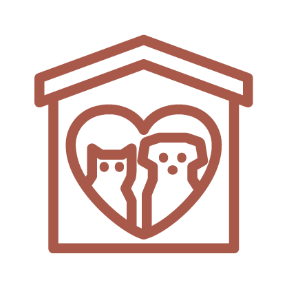 A copper colored line graphic depicting a dog and cat inside a heart, within a house.